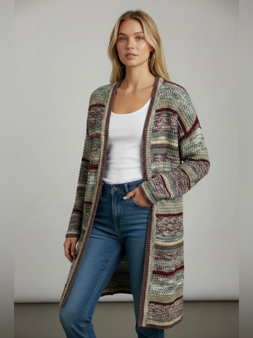 Knox Rose Multicolor Striped Open-Front Cardigan in Burgundy, Cream, Gray, Blue